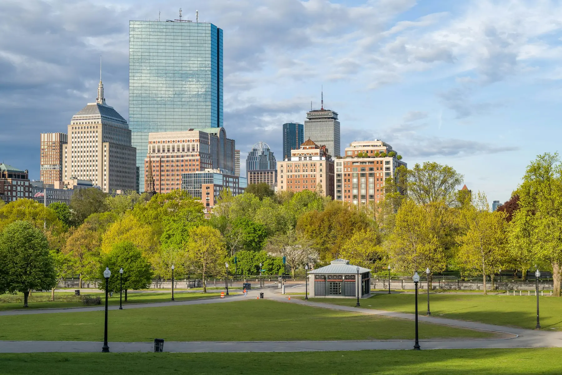 Boston Common in spring, with the city skyline beyond