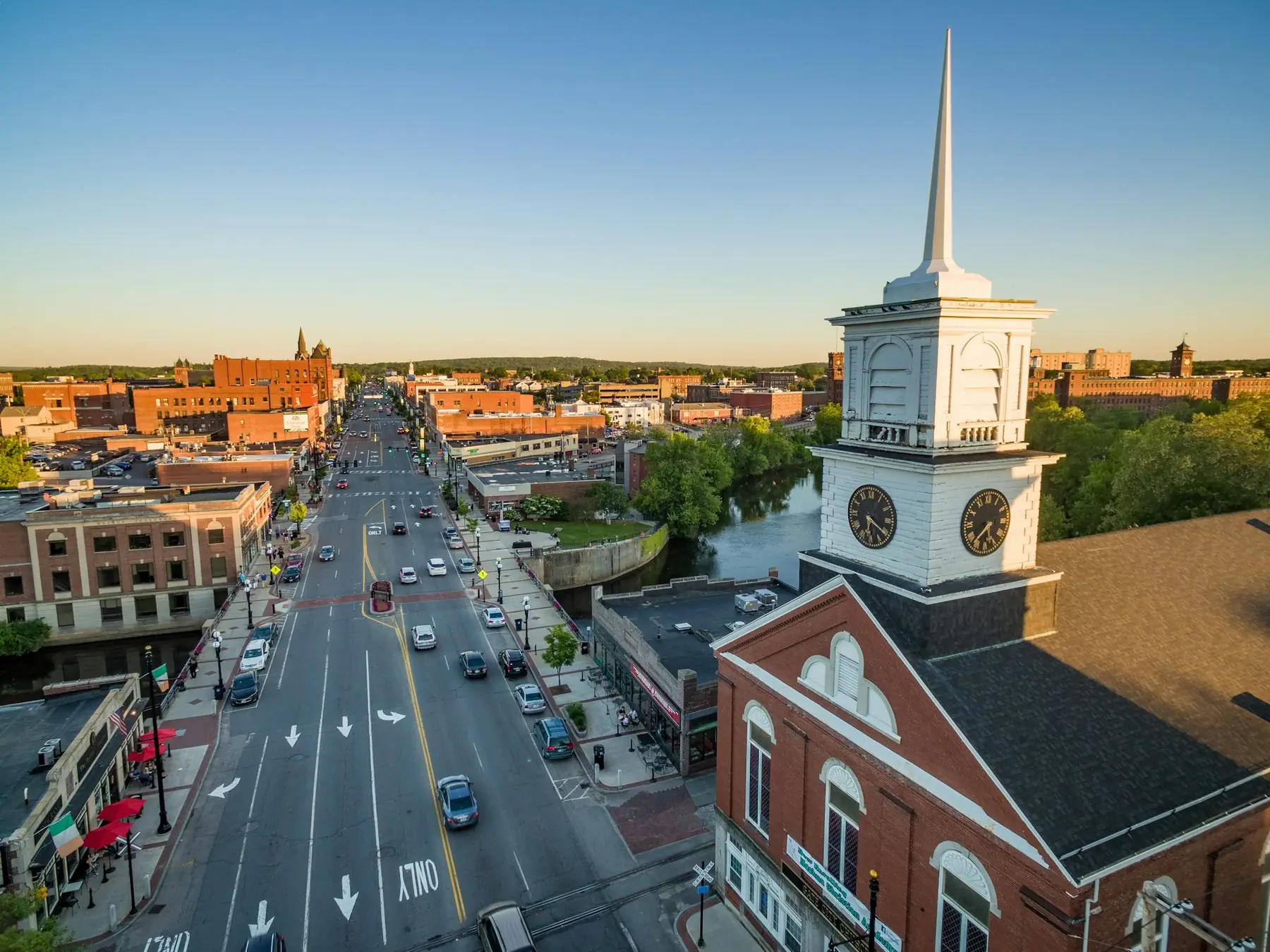 A New England downtown main street at golden hour